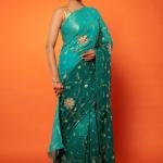 Teal Ombre Pure Chiffon Saree | All Over Aari Tari Zardozi & Cutt Work | Jaipurio Designer Collection